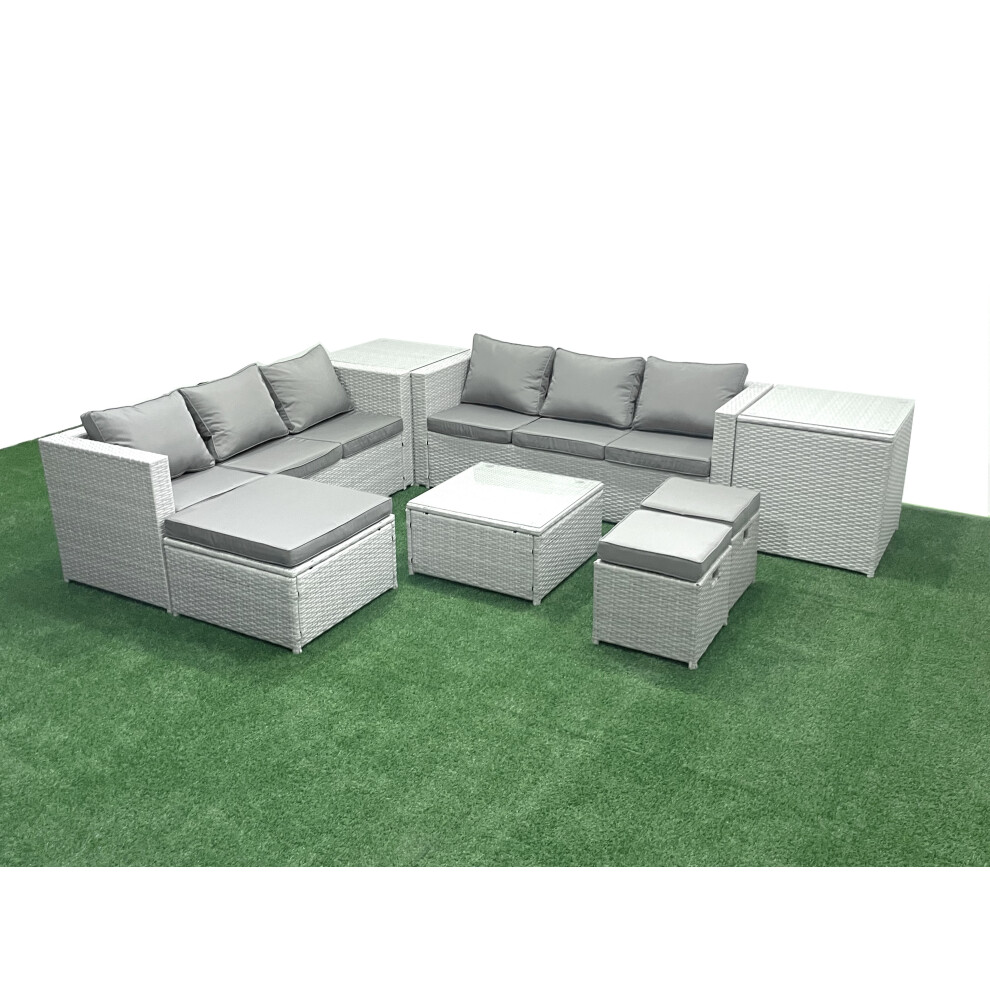 Fimous Rattan Garden Outdoor Furniture Set 9 Seater Rattan Garden Sofa Set with 3 Footstools 2 Side Tables Light Grey Mixed