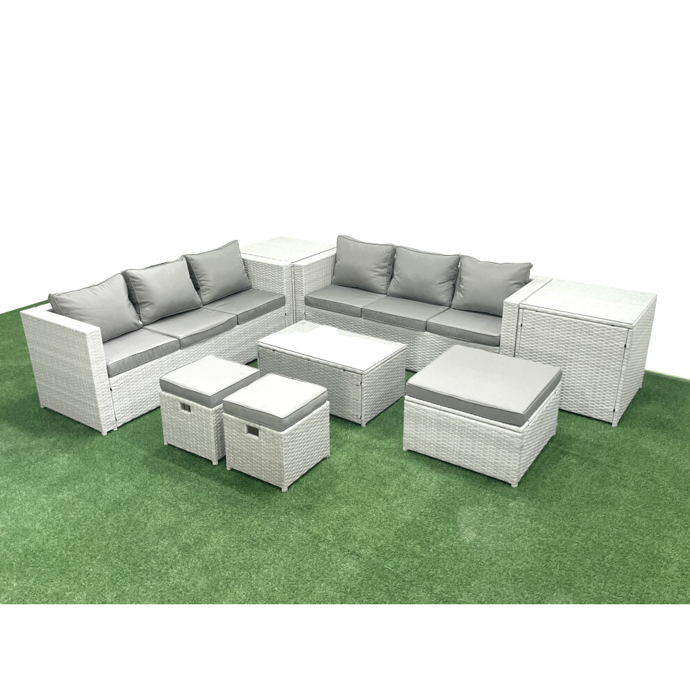 Fimous Garden Outdoor PE Rattan Furniture Set 9 Seater Rattan Garden Sofa Set with 3 Footstools 2 Side Tables Light Grey Mixed