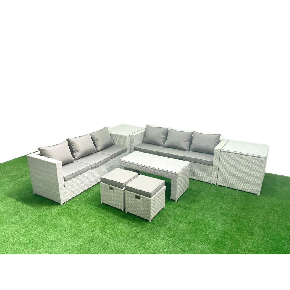 Fimous 8 Seater Garden Outdoor Rattan Furniture Set Rattan Garden Sofa Oblong Coffee Table with 2 Small Footstool 2 Side Tables Light Grey Mixed