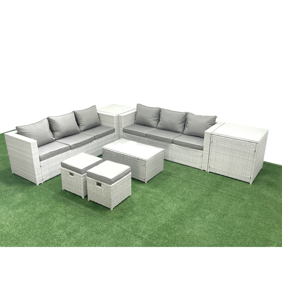 Fimous Garden Outdoor PE Rattan Furniture Set 8 Seater Rattan Garden Sofa Set with 2 Small Footstool 2 Side Tables Light Grey Mixed