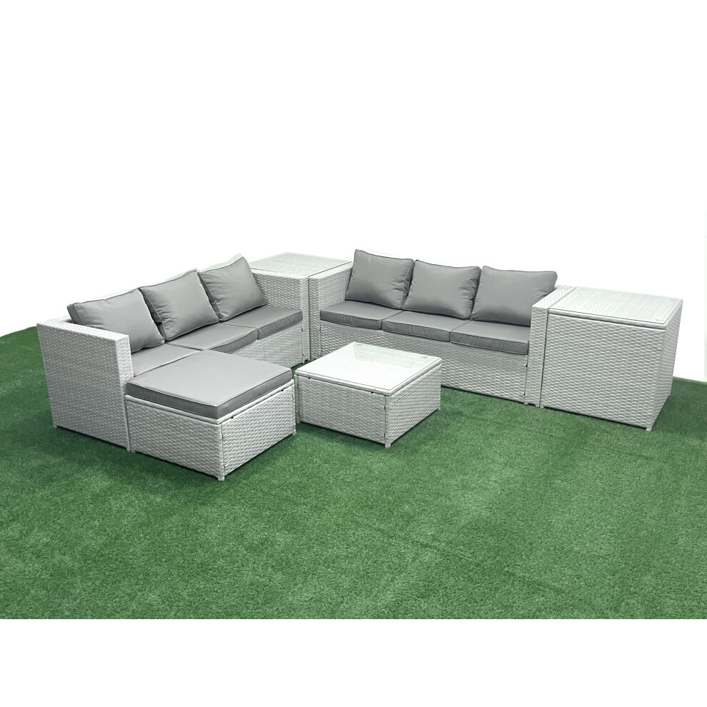 Fimous Rattan Garden Outdoor Furniture Set 7 Seater Rattan Garden Sofa Set with Big Footstool 2 Side Tables Light Grey Mixed