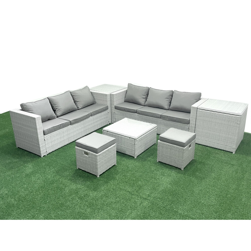 Fimous Rattan Garden Outdoor Furniture Set 8 Seater Rattan Garden Sofa Set with 2 Small Footstool 2 Side Tables Light Grey Mixed