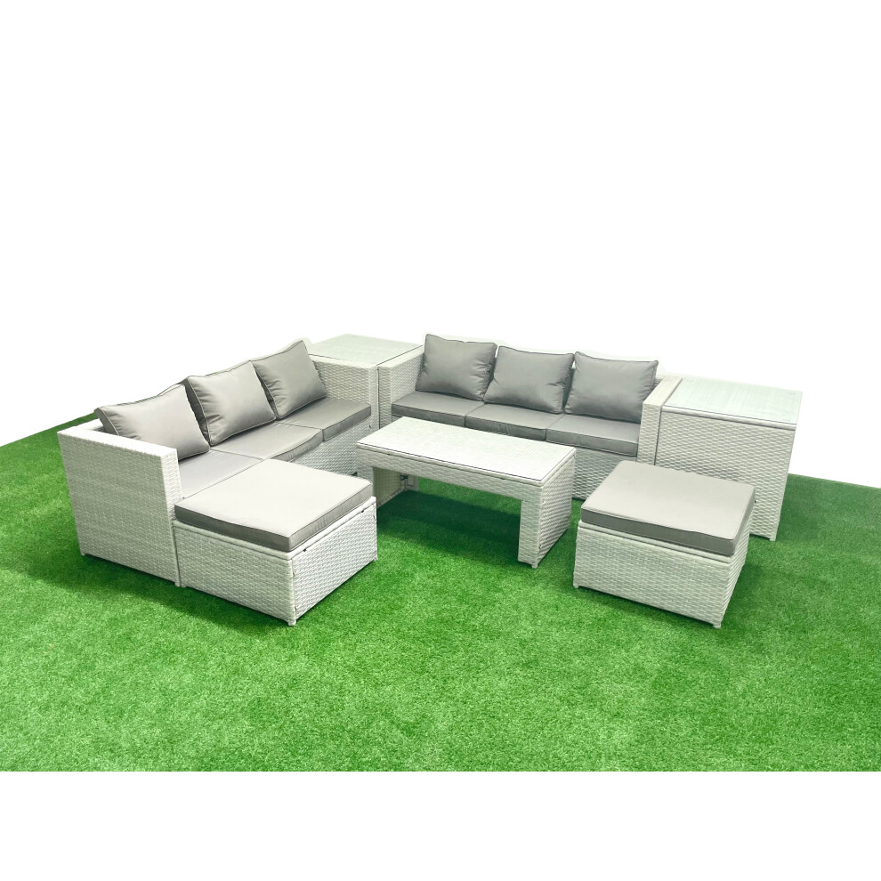 Fimous 8 Seater Garden Outdoor Rattan Furniture Set Rattan Garden Sofa Oblong Coffee Table with 2 Big Footstools 2 Side Tables Light Grey Mixed