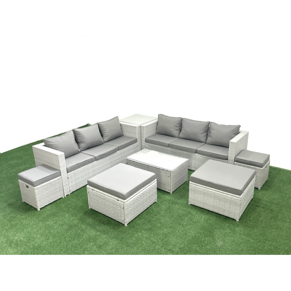 Fimous 8 Pieces Rattan Garden Furniture Set Outdoor Garden Sofa Coffee Table Set With Side Table 4 Footstools Light Grey Mixed