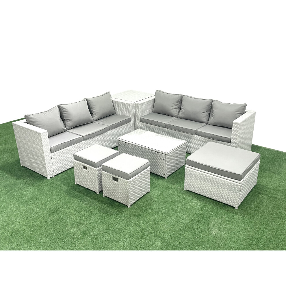 Fimous Garden Outdoor PE Rattan Furniture Set 9 Seater Rattan Garden Sofa Set with 3 Footstools Side Table Light Grey Mixed