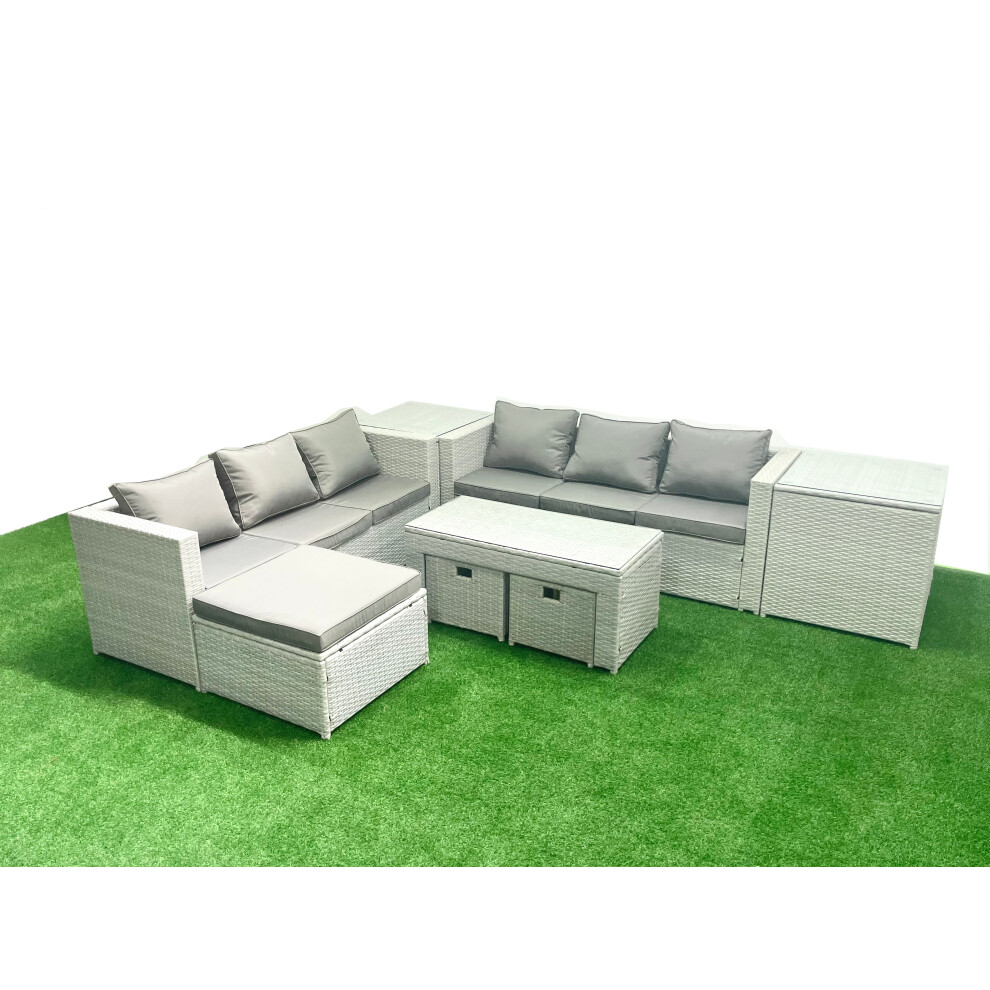 Fimous 9 Seater Garden Outdoor Rattan Furniture Set Rattan Garden Sofa Oblong Coffee Table with 3 Footstools 2 Side Tables Light Grey Mixed