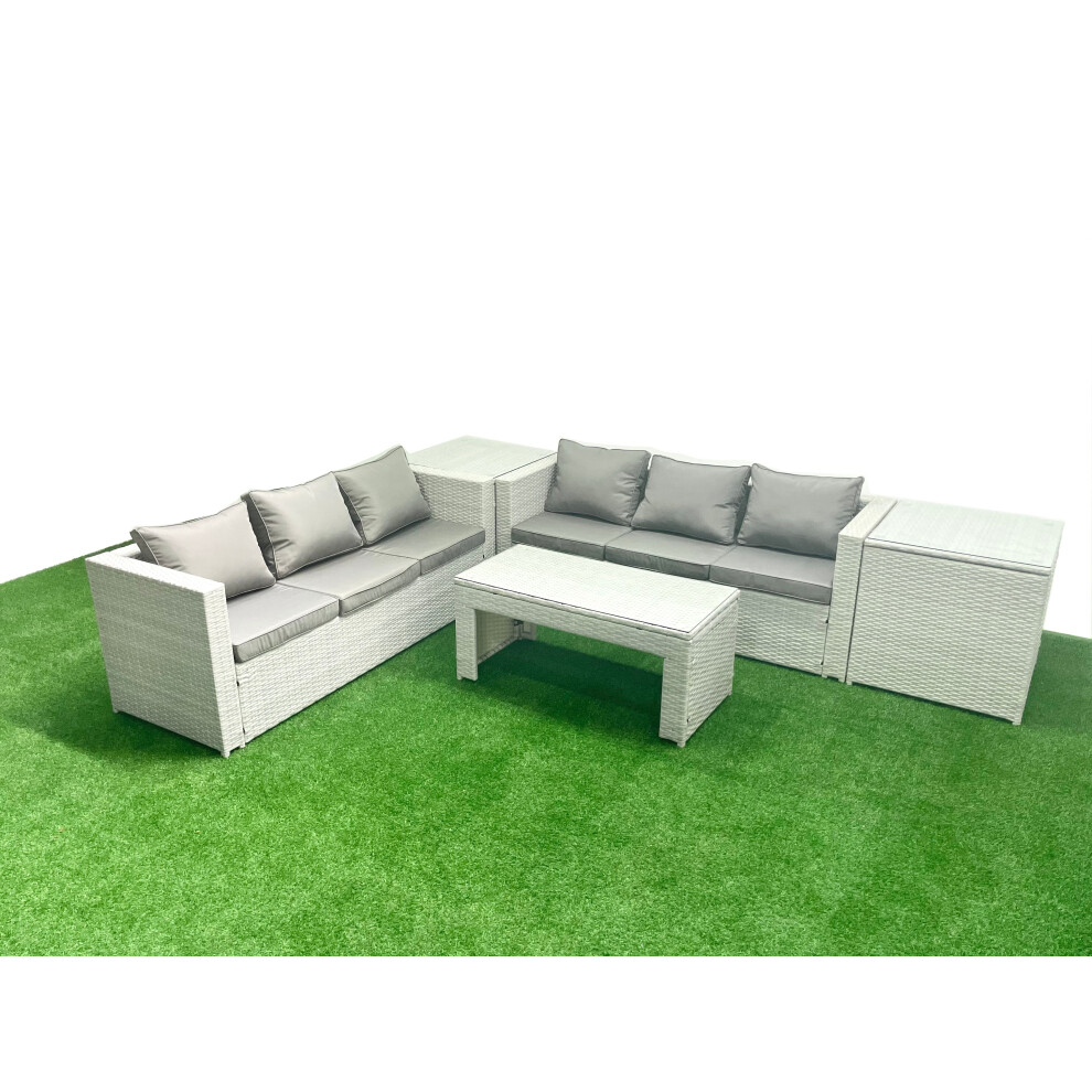 Fimous 6 Seater Garden Outdoor Rattan Furniture Set Rattan Garden Sofa Oblong Coffee Table with 2 Side Tables Light Grey Mixed