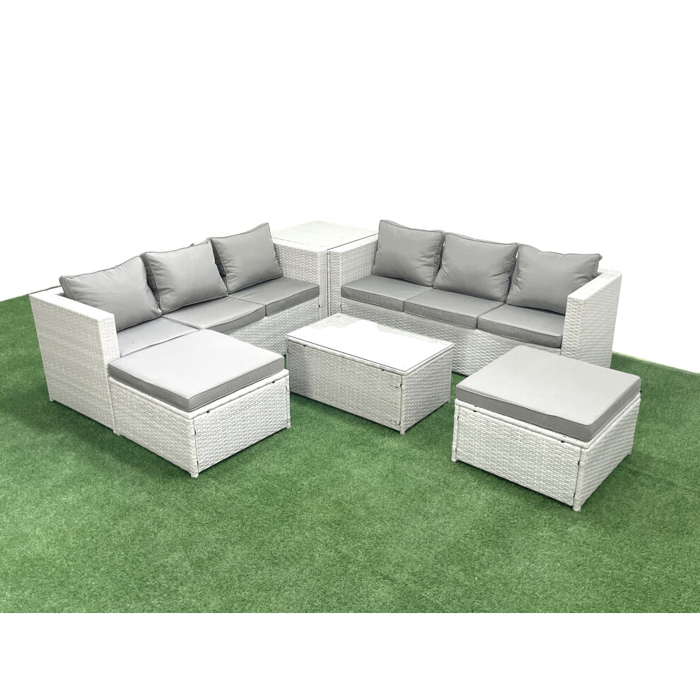 Fimous Garden Outdoor PE Rattan Furniture Set 8 Seater Rattan Garden Sofa Set with 2 Big Footstools Side Table Light Grey Mixed