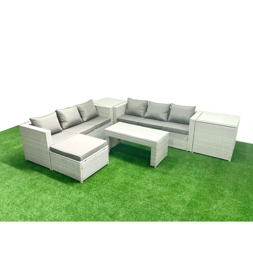 Fimous 7 Seater Garden Outdoor Rattan Furniture Set Rattan Garden Sofa Oblong Coffee Table with Big Footstool 2 Side Tables Light Grey Mixed