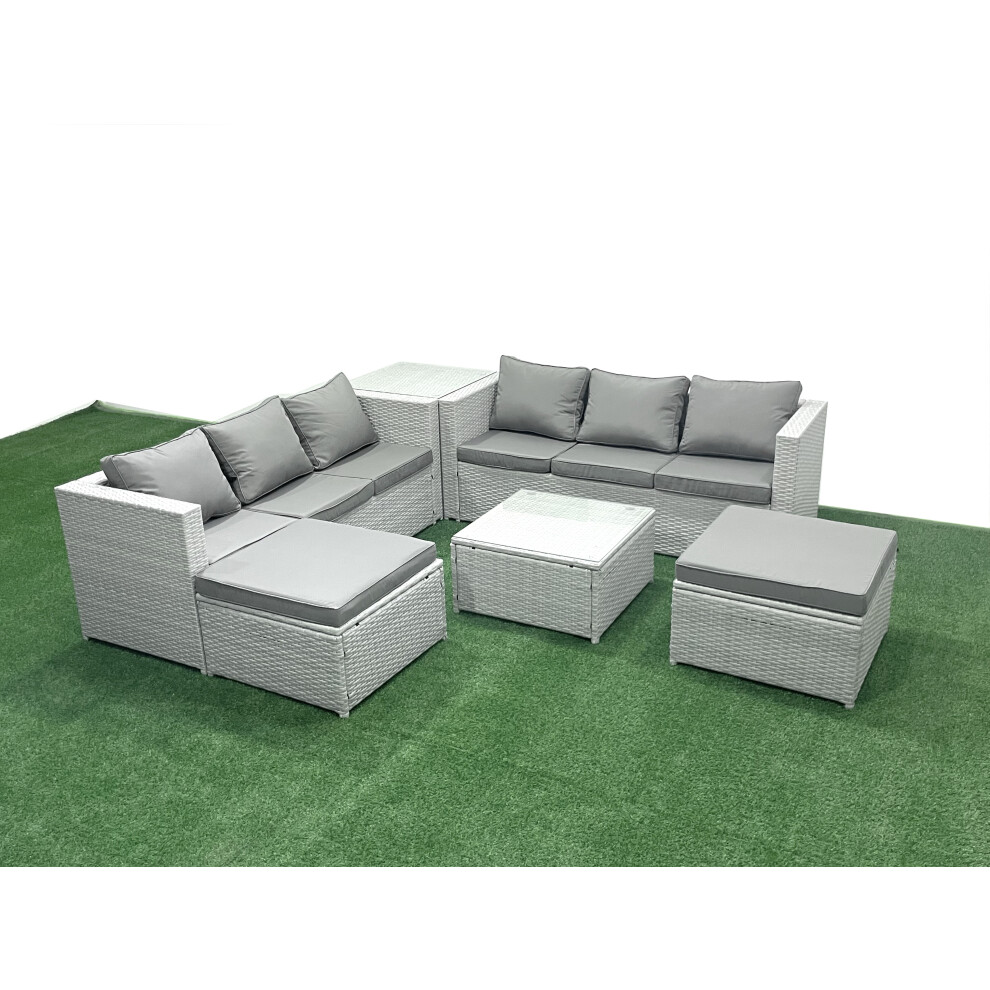 Fimous Rattan Garden Outdoor Furniture Set 8 Seater Rattan Garden Sofa Set with 2 Big Footstools Side Table Light Grey Mixed