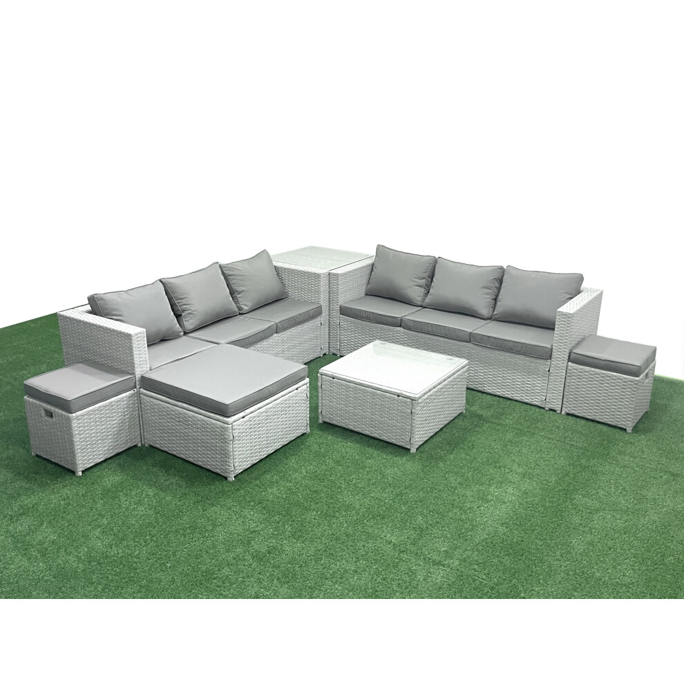 Fimous Rattan Garden Outdoor Furniture Set 9 Seater Rattan Garden Sofa Set with 3 Footstools Side Table Light Grey Mixed