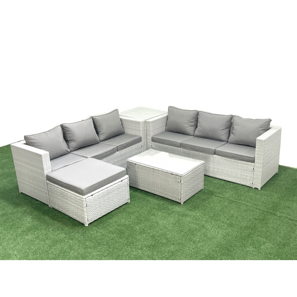 Fimous Garden Outdoor PE Rattan Furniture Set 7 Seater Rattan Garden Sofa Set with Big Footstool Side Table Light Grey Mixed