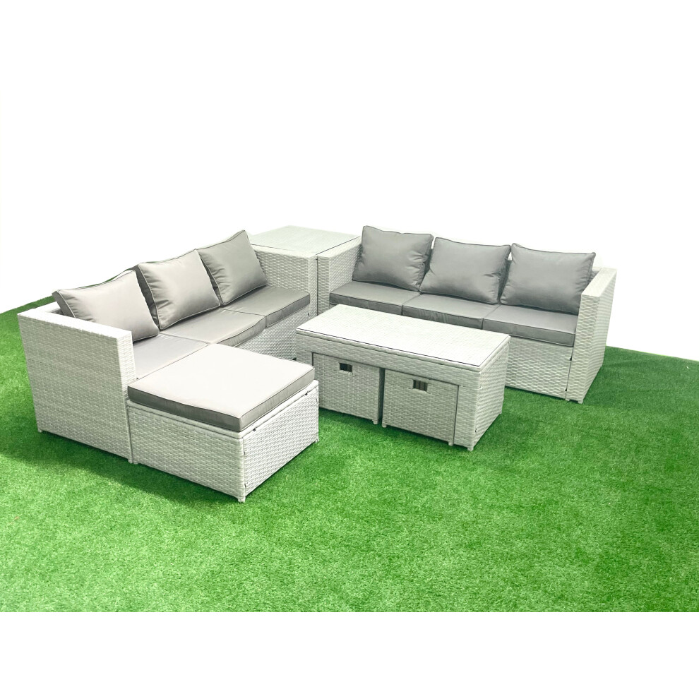 Fimous 9 Seater Garden Outdoor Rattan Furniture Set Rattan Garden Sofa Oblong Coffee Table with 3 Footstools Side Table Light Grey Mixed