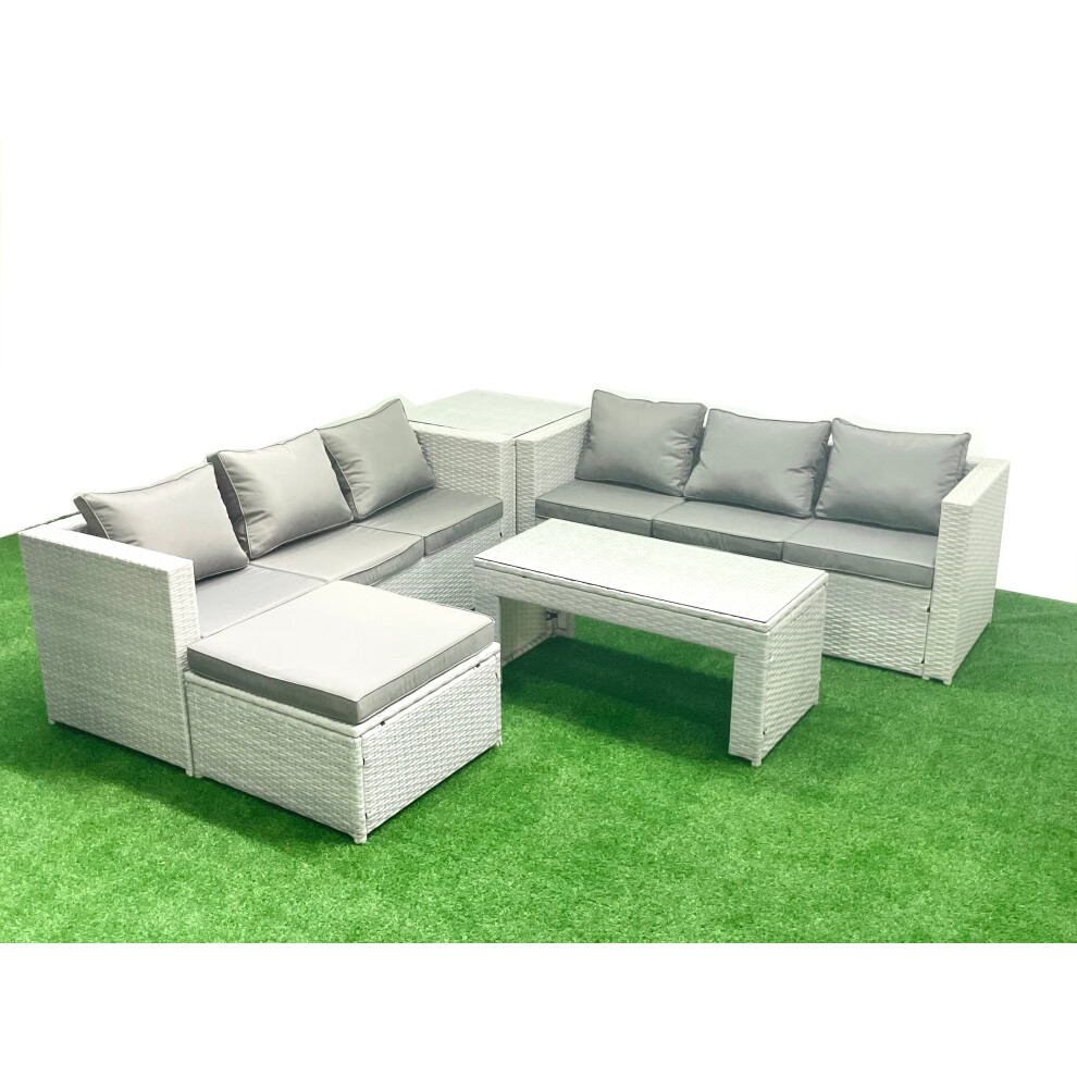 Fimous 7 Seater Garden Outdoor Rattan Furniture Set Rattan Garden Sofa Oblong Coffee Table with Big Footstool Side Table Light Grey Mixed