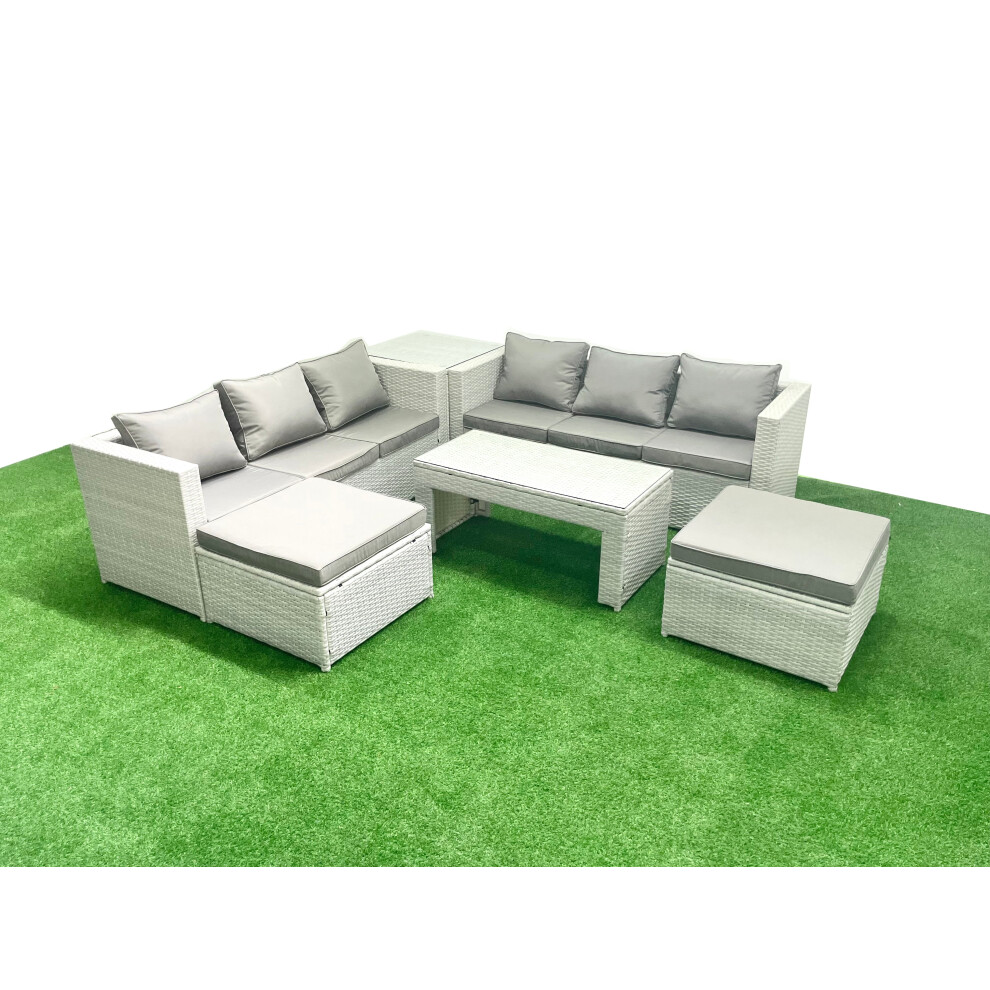 Fimous 8 Seater Garden Outdoor Rattan Furniture Set Rattan Garden Sofa Oblong Coffee Table with 2 Big Footstools Side Table Light Grey Mixed