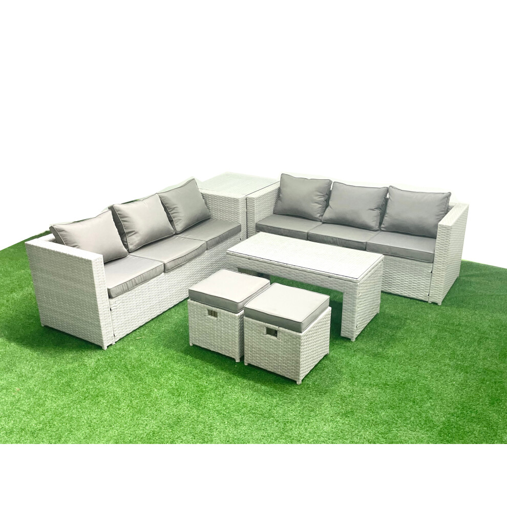 Fimous 8 Seater Garden Outdoor Rattan Furniture Set Rattan Garden Sofa Oblong Coffee Table with 2 Small Footstool Side Table Light Grey Mixed