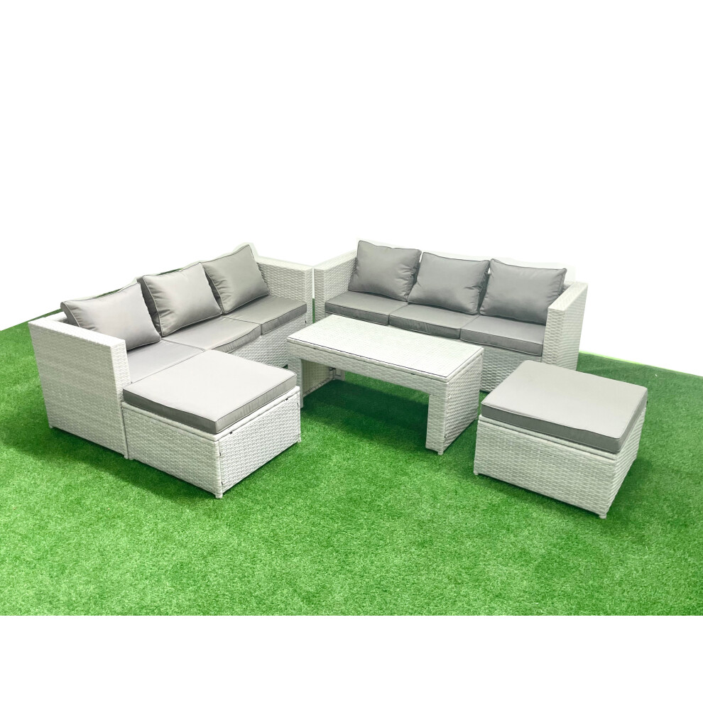 Fimous 8 Seater Garden Outdoor Rattan Furniture Set Rattan Garden Sofa Oblong Coffee Table with 2 Big Footstools Light Grey Mixed