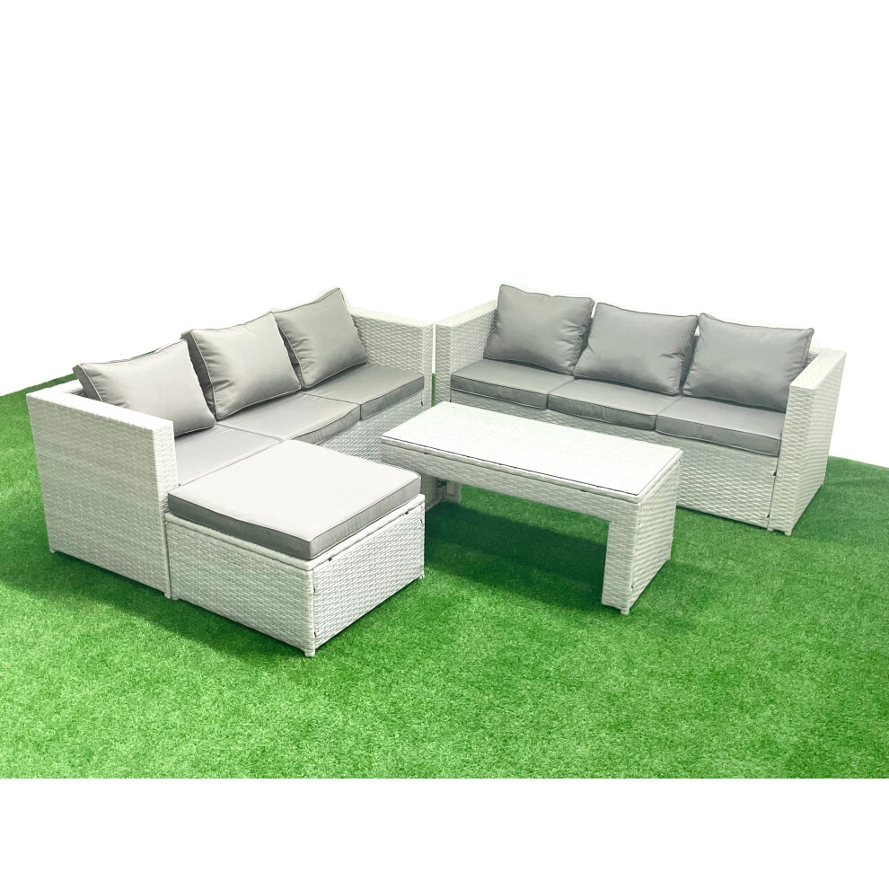 Fimous 7 Seater Garden Outdoor Rattan Furniture Set Rattan Garden Sofa Oblong Coffee Table with Big Footstool Light Grey Mixed