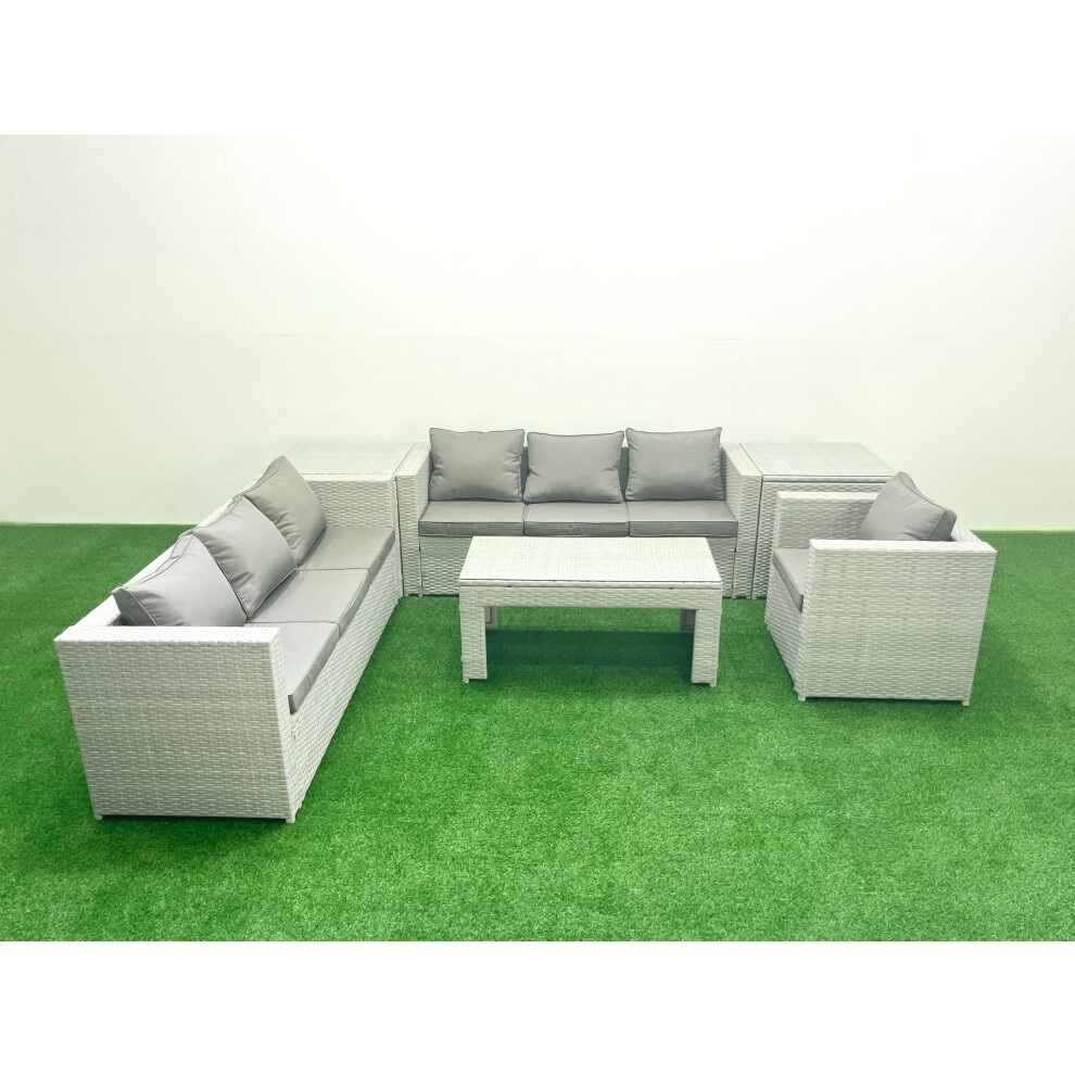 Fimous Wicker PE Rattan Sofa Garden Furniture Set with Oblong Coffee Table Armchair 2 Side Tables Light Grey Mixed