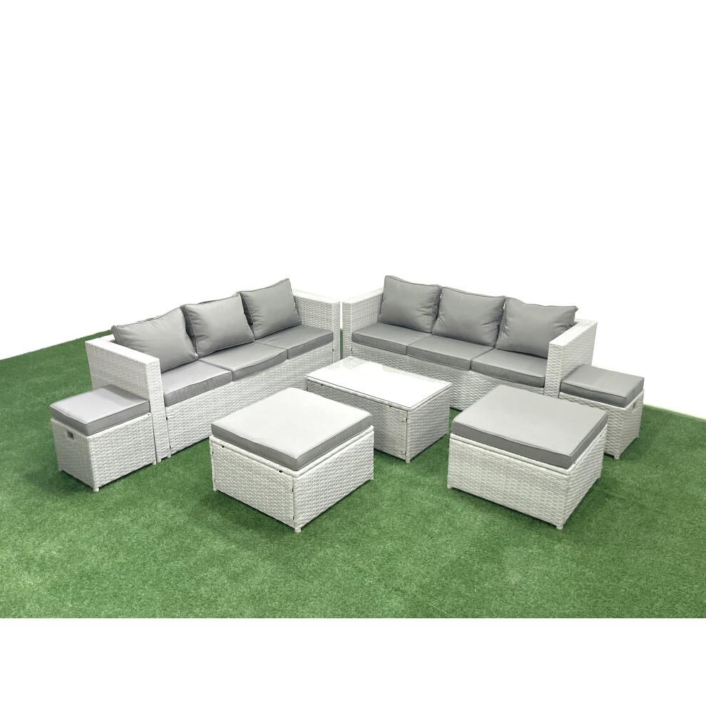 Fimous 7 Pieces Rattan Garden Furniture Set Outdoor Garden Sofa Coffee Table Set with 4 Footstools Light Grey Mixed