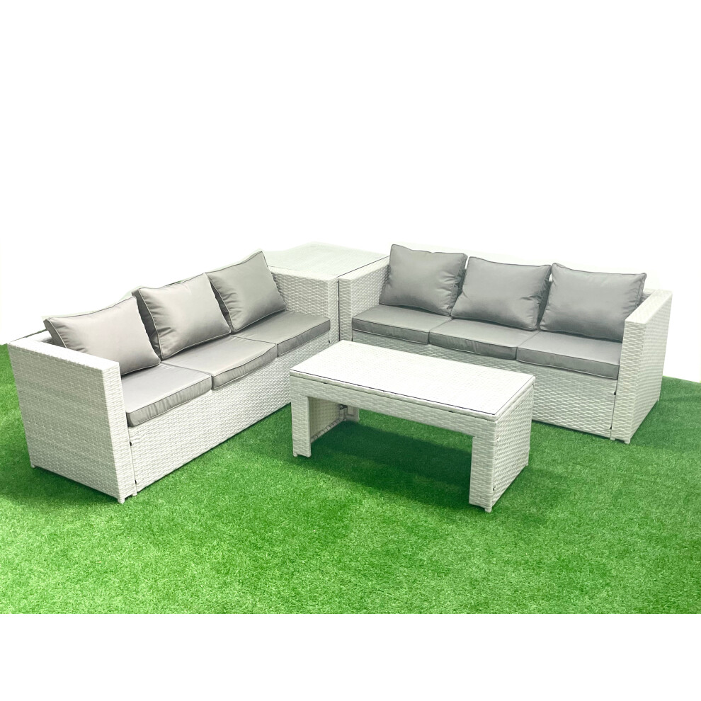 Fimous 6 Seater Garden Outdoor Rattan Furniture Set Rattan Garden Sofa Oblong Coffee Table with Side Table Light Grey Mixed