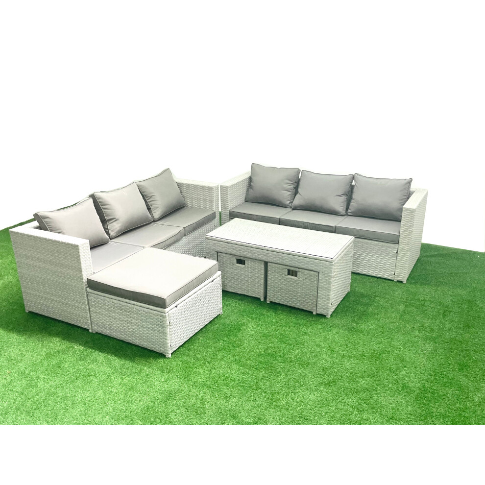 Fimous 9 Seater Garden Outdoor Rattan Furniture Set Rattan Garden Sofa Oblong Coffee Table with 3 Footstools Light Grey Mixed