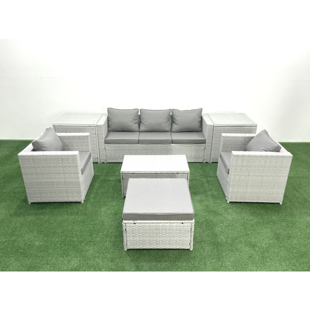 Fimous Rattan Garden Furniture Set with 3 Seater Sofa 2 Chair Rectangular Coffee Table Big Footstool 2 Side Tables Light Grey Mixed