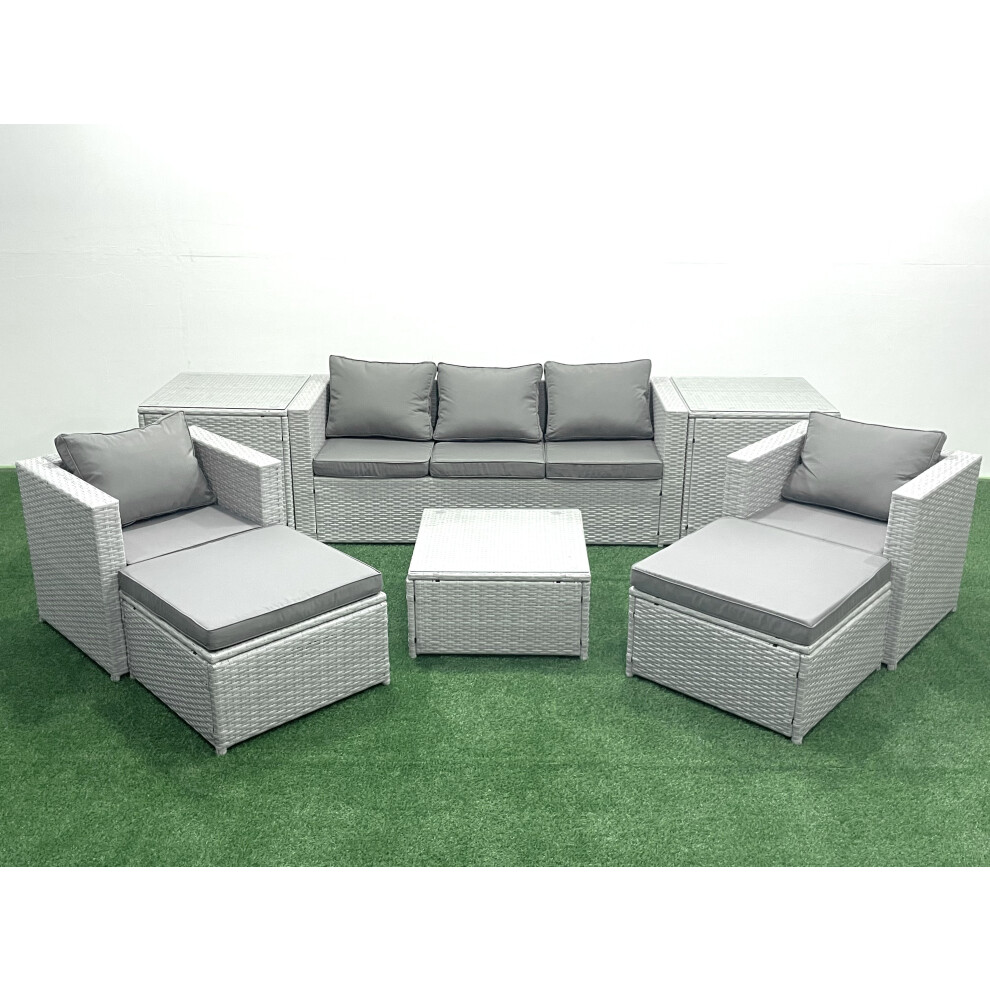 Fimous 7 Seater Rattan Garden Furniture Set with 3 Seater Sofa 2 Chair Square Coffee Table 2 Big Footstools 2 Side Tables Light Grey Mixed