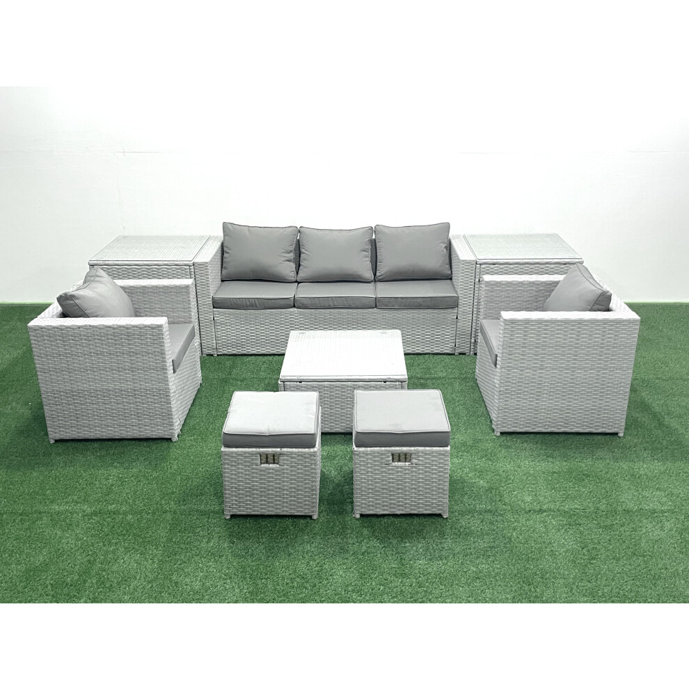 Fimous 7 Seater Rattan Garden Furniture Set with 3 Seater Sofa 2 Chair Square Coffee Table 2 Small Footstools 2 Side Tables Light Grey Mixed