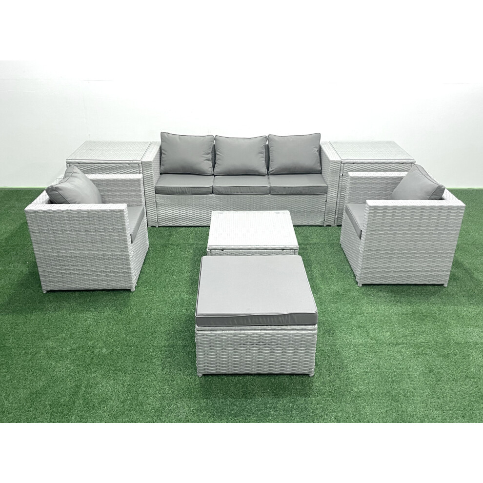 Fimous 6 Seater Rattan Garden Furniture Set with 3 Seater Sofa 2 Chair Square Coffee Table Big Footstool 2 Side Tables Light Grey Mixed