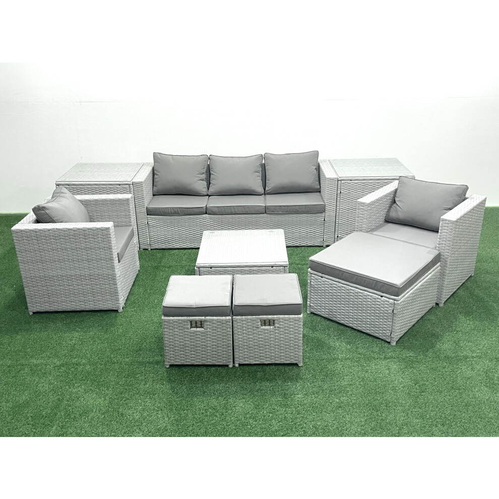 Fimous Rattan Garden Outdoor Furniture Sofa Set with Square Coffee Table 2 Chairs 3 Fotstools 2 Side Tables Light Grey Mixed