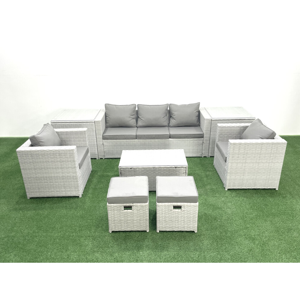 Fimous 7 Seater Rattan Garden Furniture Set with 3 Seater Sofa 2 Chair Rectangular Coffee Table 2 Small Footstools 2 Side Tables