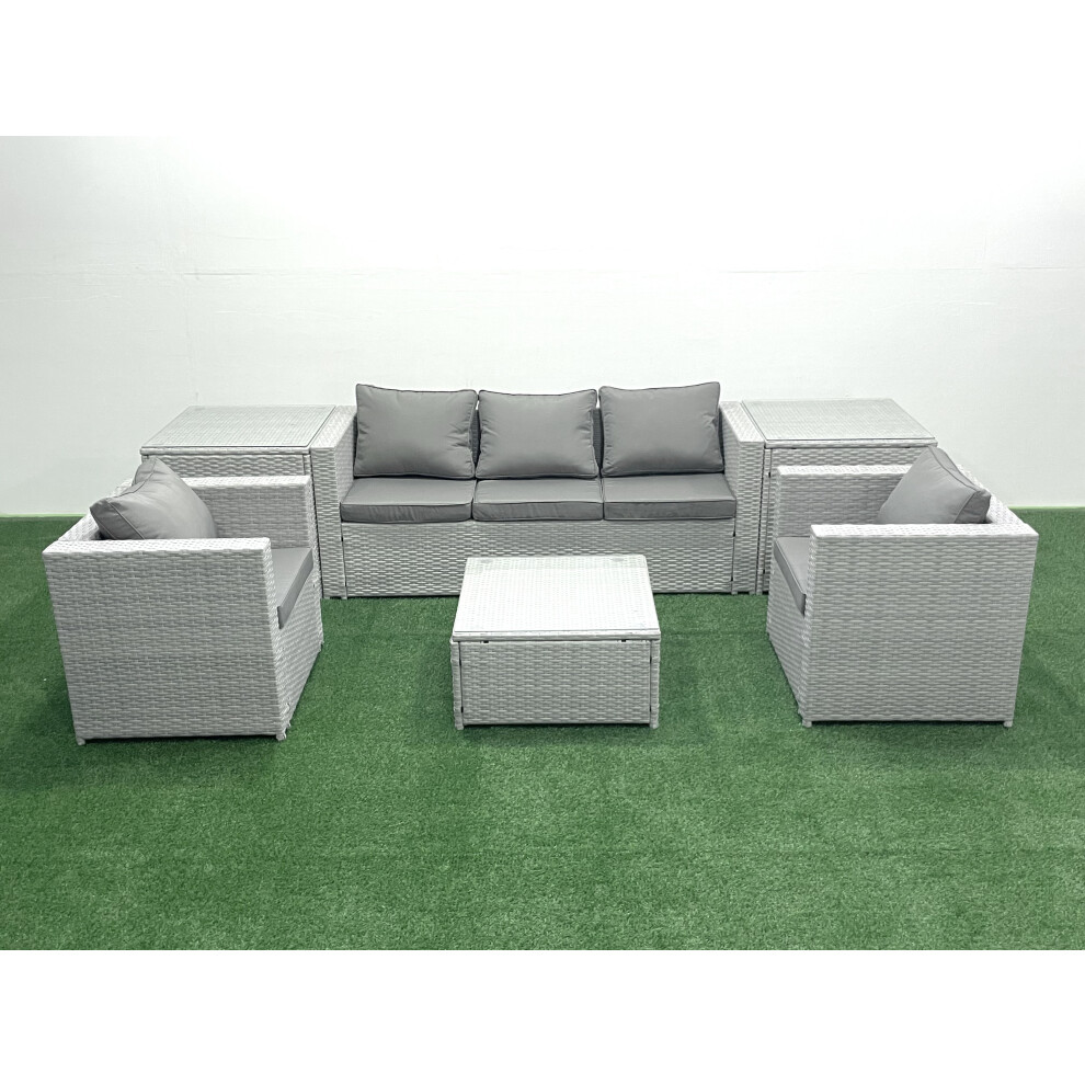 Fimous 5 Seater Rattan Garden Furniture Set with 3 Seater Sofa 2 Chair Square Coffee Table 2 Side Tables Light Grey Mixed