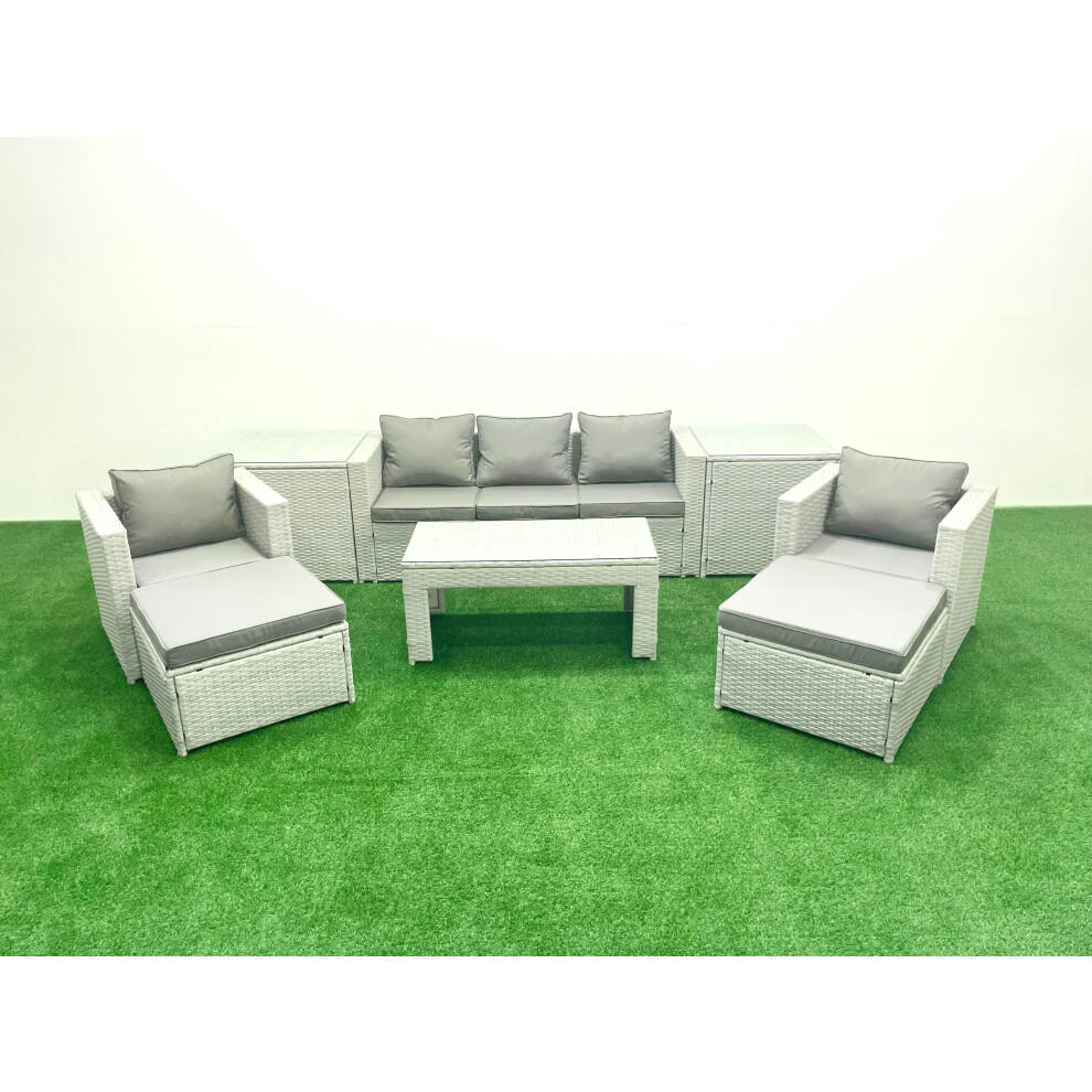 Fimous Rattan Garden Furniture Set 7 Seater Outdoor Garden Sofa 2 Chairs Oblong Coffee Table Set with 2 Stools 2 Side Tables Light Grey Mixed