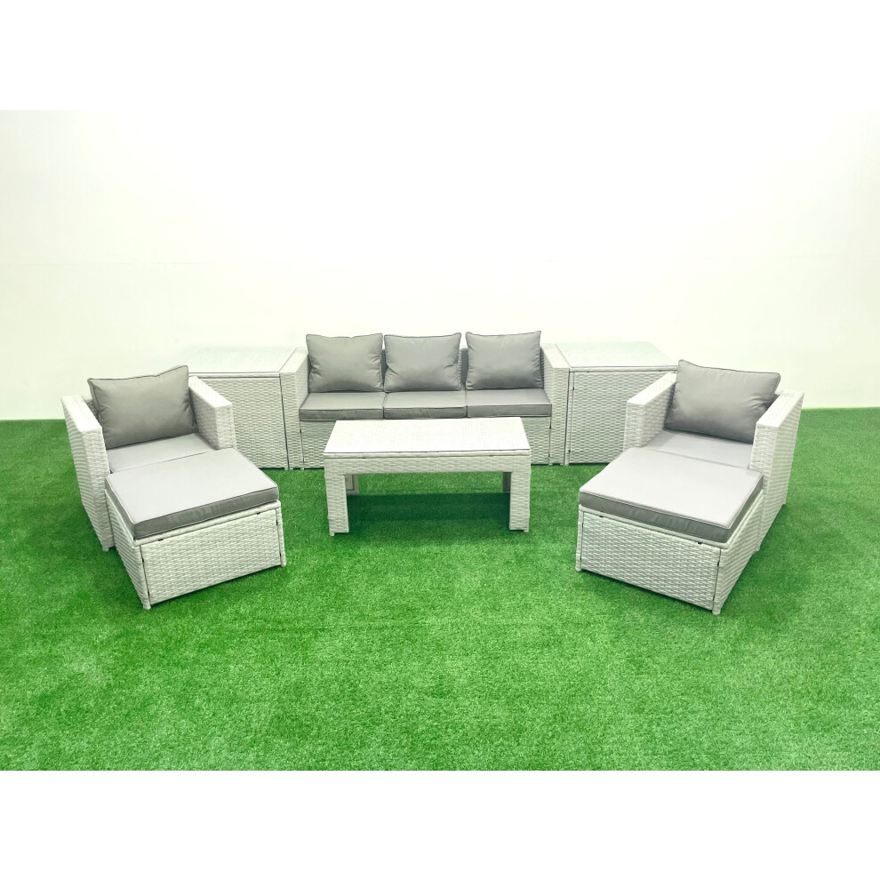 Fimous Rattan Garden Furniture Set 7 Seater Outdoor Garden Sofa 2 Chairs Oblong Coffee Table Set With 2 Stools 2 Side Tables Light Grey Mixed