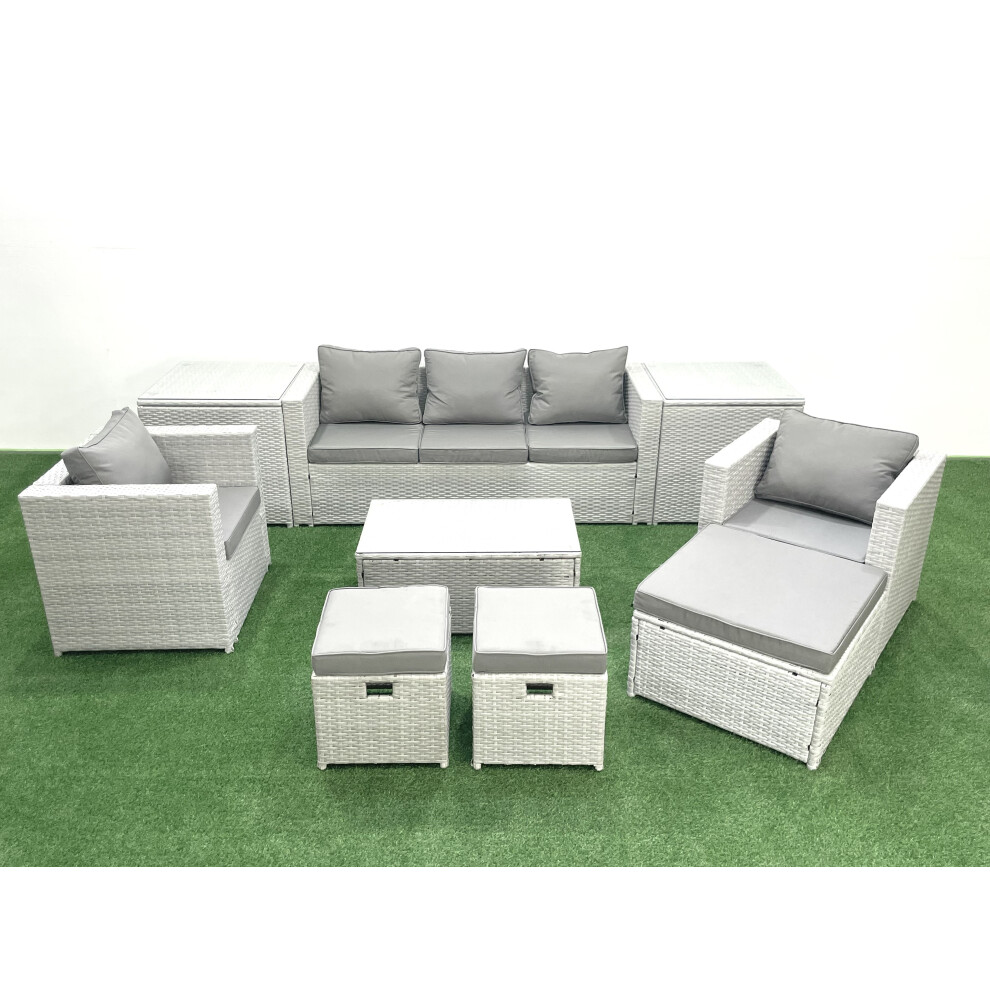 Fimous Rattan Garden Outdoor Furniture Sofa Set with Rectangular Coffee Table 2 Chairs 3 Fotstools 2 Side Tables Light Grey Mixed