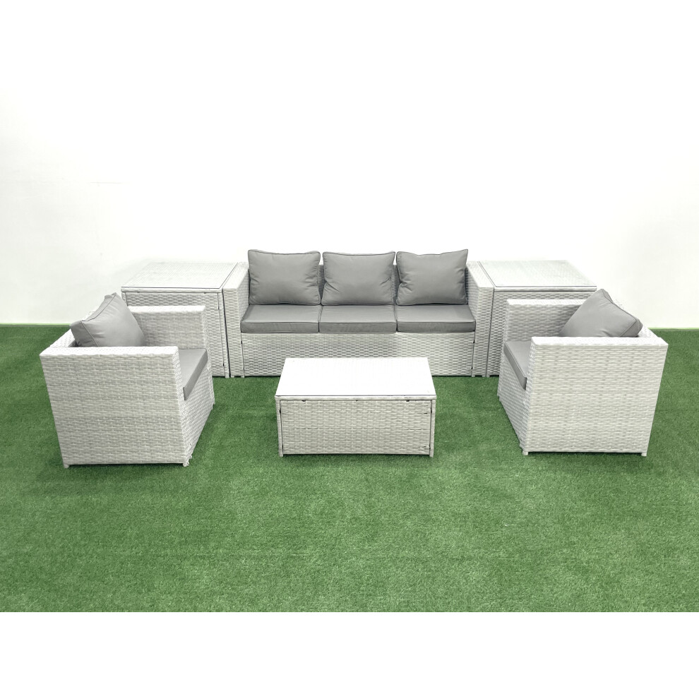 Fimous Rattan Garden Furniture Set with 3 Seater Sofa 2 Chair Rectangular Coffee Table 2 Side Tables Light Grey Mixed 5 Seater