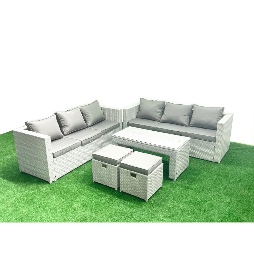 Fimous 8 Seater Garden Outdoor Rattan Furniture Set Rattan Garden Sofa Oblong Coffee Table with 2 Small Footstool Light Grey Mixed