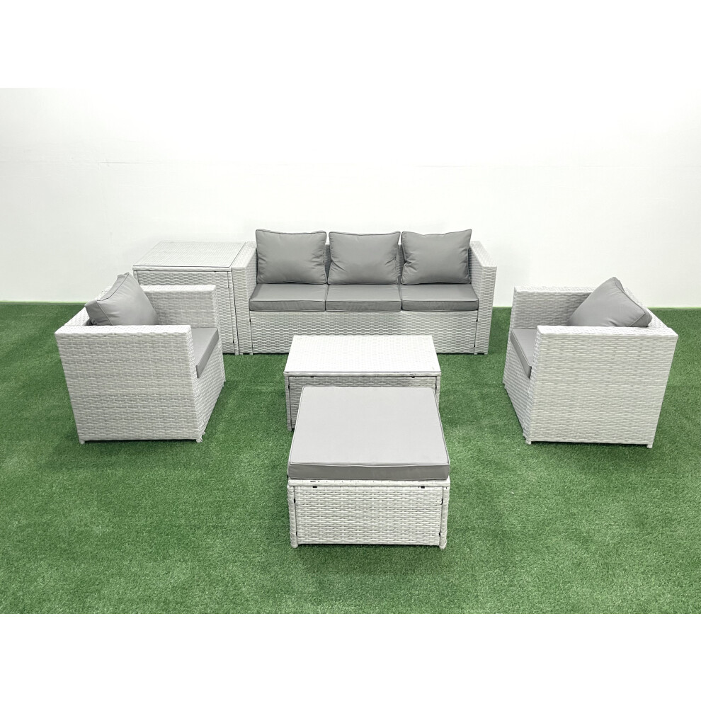 Fimous Rattan Garden Furniture Set with 3 Seater Sofa 2 Chair Rectangular Coffee Table Big Footstool Side Table Light Grey Mixed