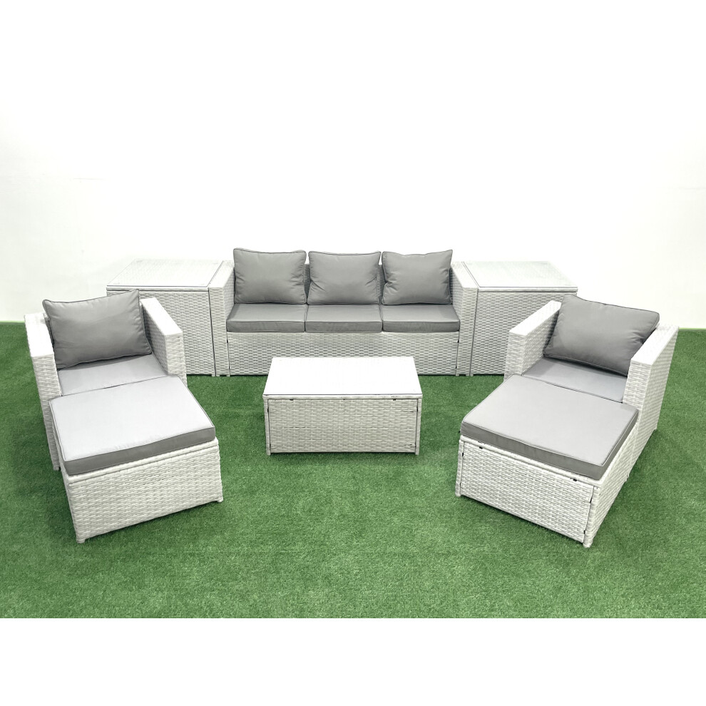 Fimous Rattan Garden Furniture Set with 3 Seater Sofa 2 Chair Rectangular Coffee Table 2 Big Footstools 2 Side Tables Light Grey Mixed