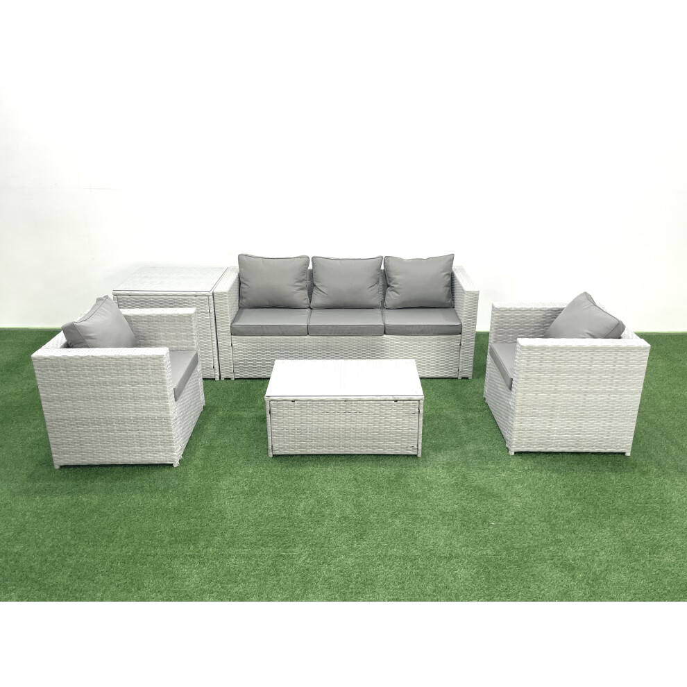 Fimous Rattan Garden Furniture Set with 3 Seater Sofa 2 Chair Rectangular Coffee Table Side Table Light Grey Mixed 5 Seater