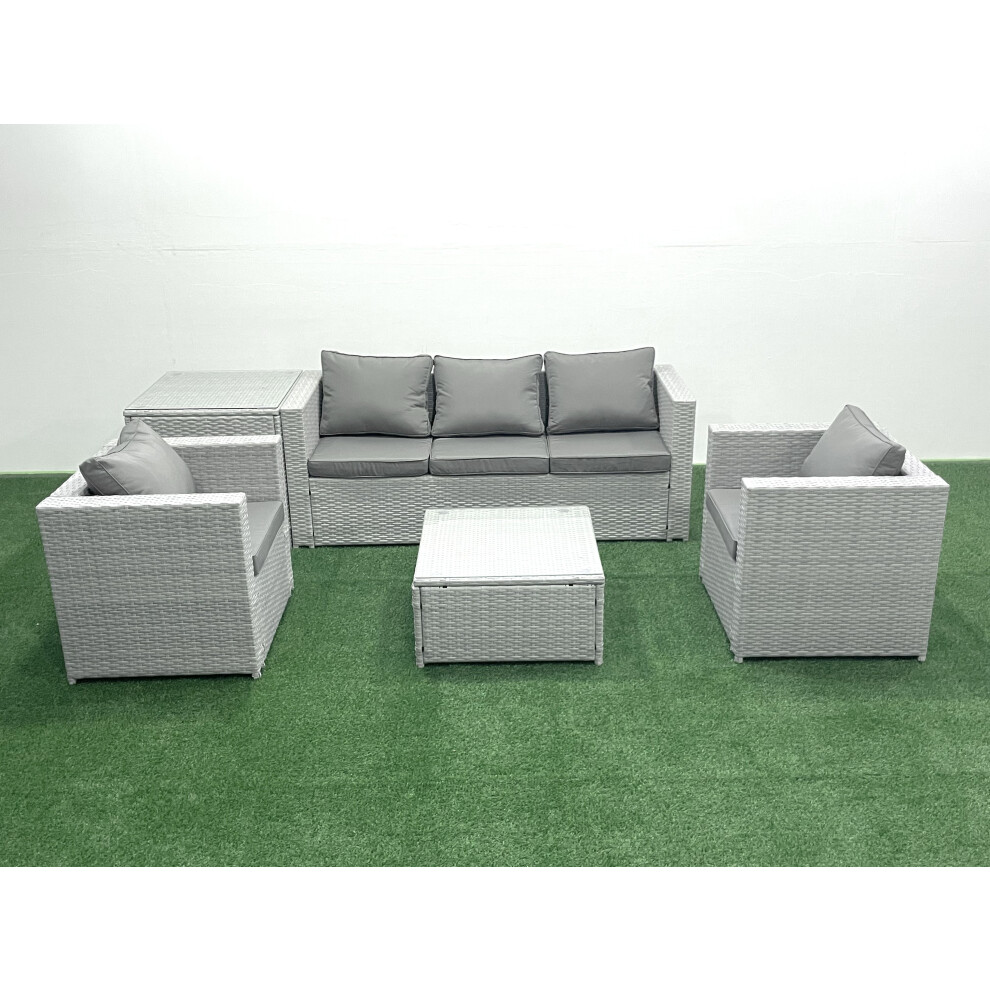 Fimous 5 Seater Rattan Garden Furniture Set with 3 Seater Sofa 2 Chair Square Coffee Table Side Table Light Grey Mixed