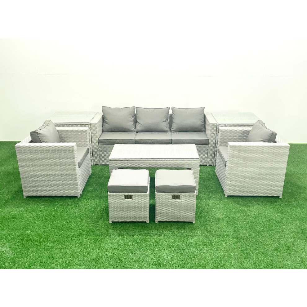 Fimous Rattan Garden Furniture Set 7 Seater Outdoor Garden Sofa Oblong Coffee Table Set with 2 Chairs 2 Stools 2 Side Tables Light Grey Mixed