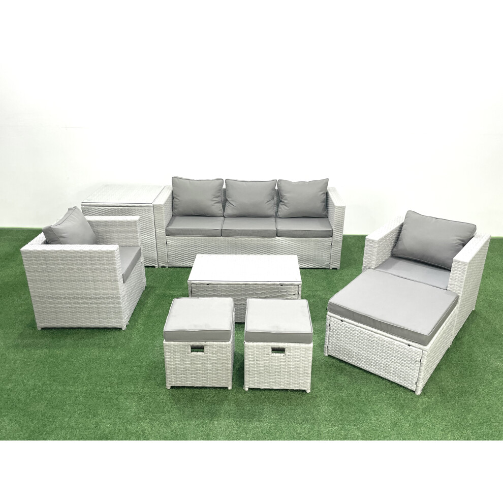 Fimous Rattan Garden Outdoor Furniture Sofa Set with Rectangular Coffee Table 2 Chairs 3 Fotstools Side Table Light Grey Mixed