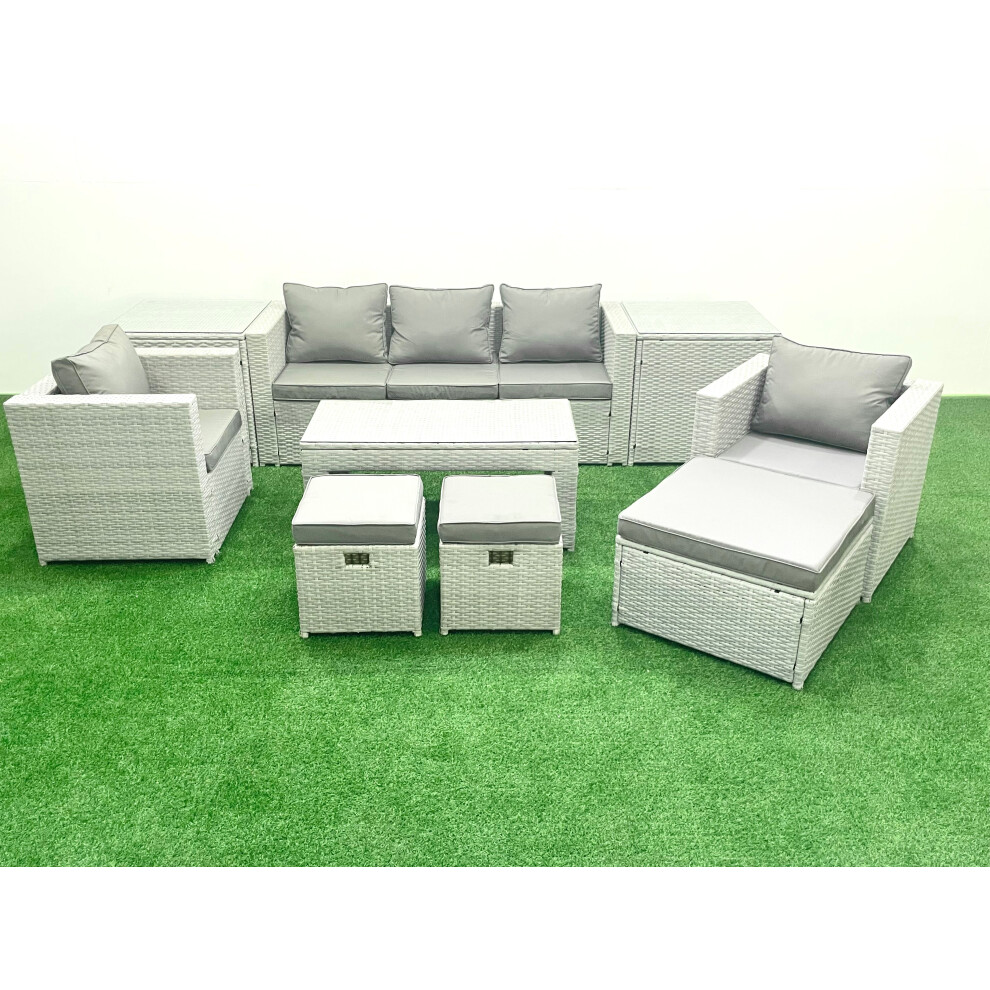 Fimous Rattan Garden Furniture Set 8 Seater Outdoor Garden Sofa Oblong Coffee Table Set with 2 Chairs 3 Stools 2 Side Tables Light Grey Mixed