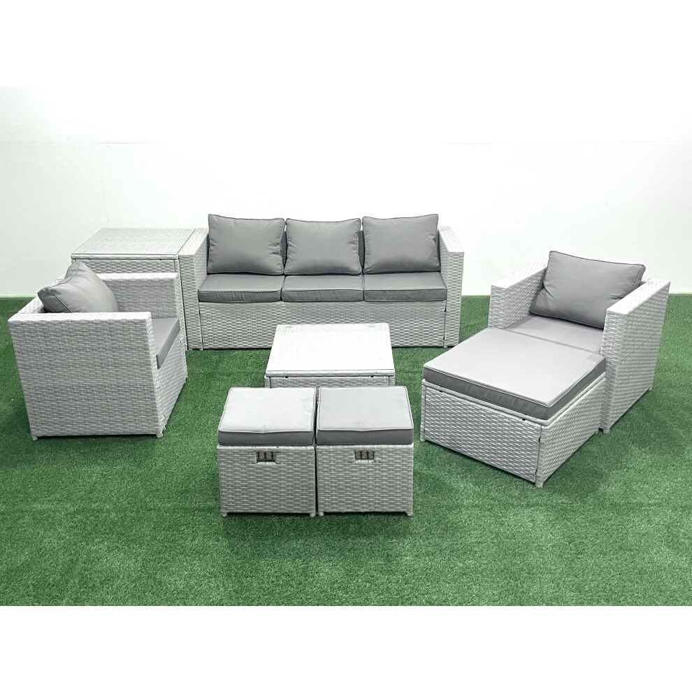 Fimous Rattan Garden Outdoor Furniture Sofa Set with Square Coffee Table 2 Chairs 3 Fotstools Side Table Light Grey Mixed