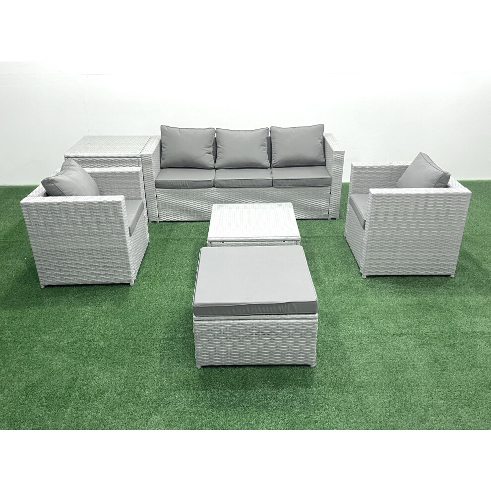 Fimous 6 Seater Rattan Garden Furniture Set with 3 Seater Sofa 2 Chair Square Coffee Table Big Footstool Side Table Light Grey Mixed