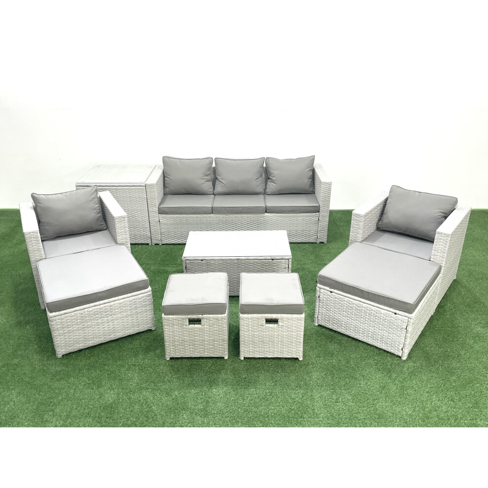 Fimous 9 Pieces Rattan Garden Furniture Set Outdoor Garden Sofa Chair Coffee Table Set with Side Table 4 Footstools Light Grey Mixed