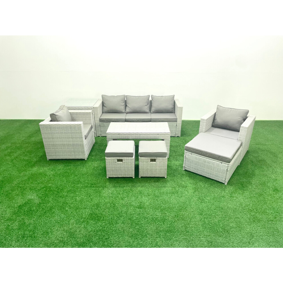 Fimous Rattan Garden Furniture Set 8 Seater Outdoor Garden Sofa Oblong Coffee Table Set with 2 Chairs 3 Stools Side Table Light Grey Mixed