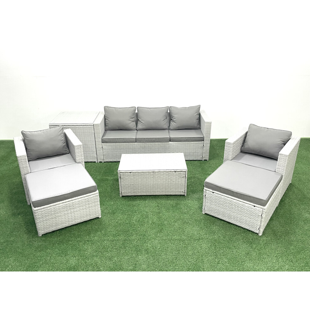 Fimous Rattan Garden Furniture Set with 3 Seater Sofa 2 Chair Rectangular Coffee Table 2 Big Footstools Side Table Light Grey Mixed